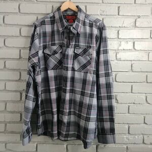 Dixxon Flannel Co Downtown Plaid Button Up Shirt Mens XLT Grey Black Red D-Tech